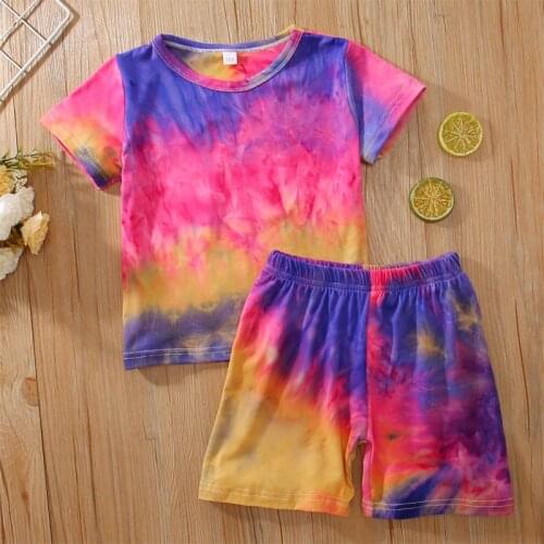2 Pieces Kids Suit Set Tie-Dye Print Round Neck Short Sleeve T-Shirt+ Short Pants for Girls Boys Pink Purple/Blue Green