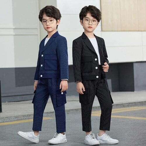 2021 Boys England Stripe Jacket+Pants 2PCS Wedding Suit Children Prom Performance Costume Kids Formal Dress Clothing Set