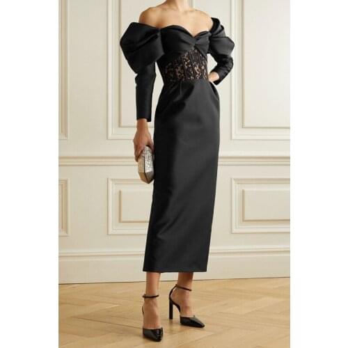 Lace Patchwork Sexy V Neck Off Shoulder Women Elegant Evening Party Dress Slim Long Sleeve Black White French Vestidos 60182