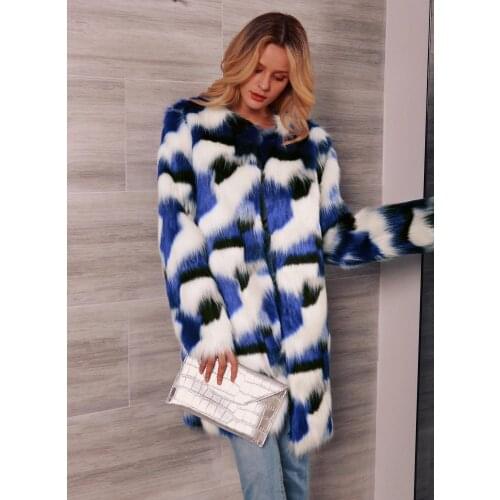 RoRoDox Faux Fur Coat Women Fluffy Warm Long Sleeve female jacket Blue and White Outerwear Autumn Winter Coat Jacket Overcoat