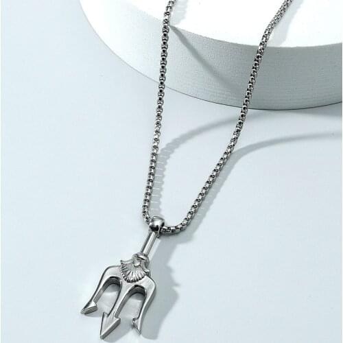 Personality Simple Sea King Trident Pendant Hip Hop Punk Men Gold Black Silver Color Necklace Trend Men Motorcycle Party Jewelry