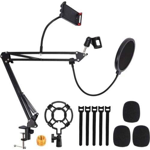 Microphone Boom,Adjustable Suspension Scissors Bracket with Mobile Phone Holder,for Yeti,Snowball and Other Microphones