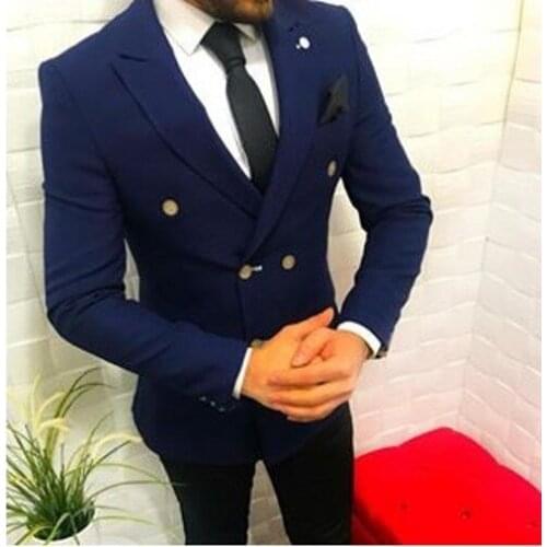 Fashionable Navy Double Breasted Groom Tuxedos Sim Fits Men Business Suits Office Workwear Sets (Jacket+Pants+Tie) W:973