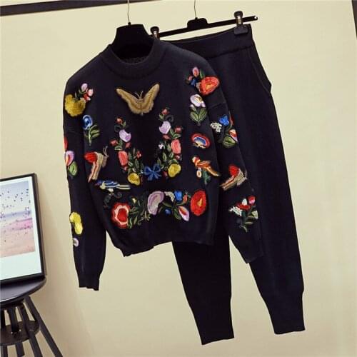 Fashion Women Outfits Butterfly Embroidery Flowers Sweater Knitted Pencil Pants Two Piece Set Female Loose Black Knit Suit 2pc