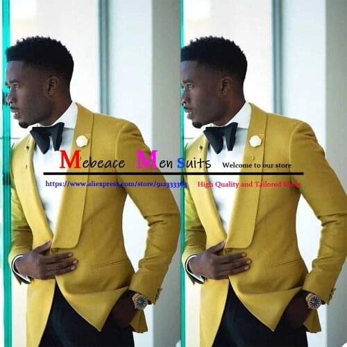 2021 Latest Designs Shawl Lapel One Button Men Suits Custome Homme Yellow Tuxedos Cool Blazer Men Handsome Slim (Jacket+Pants)