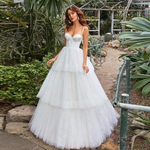 New Arrivals Spaghetti Shoulder Sweetheart Neck Lace Up Beaded Tulle A-line Wedding Dress With Tiered Skirt China Shop Online