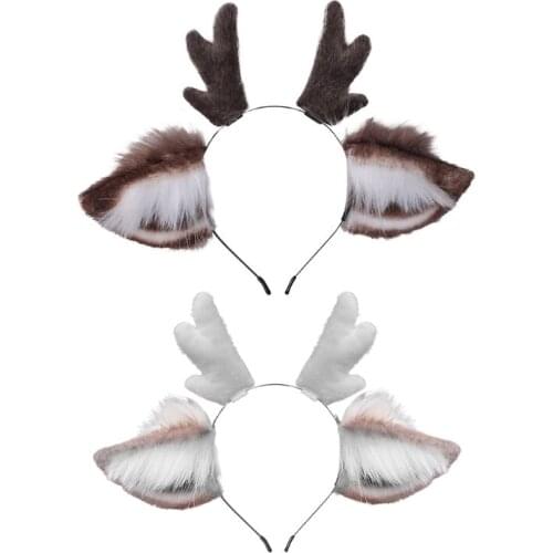 Faux Fur Ears Plush Antler Headband Reindeer Animal Hair Hoop Cosplay Costume