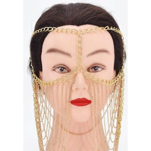 Punk Tassel Headband Metal Chain Women Face Mask Dance Party Costume Head Decor Facemask Mesh Net Party Show Dance Jewelry