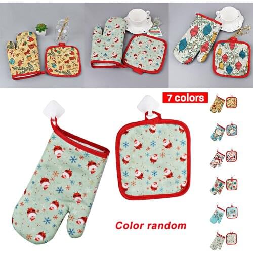2pcs/ set Christmas Desk Decor Baking Glove Heatproof Mitten Kitchen Cooking Microwave Oven Mitts Merry Christmas Xmas Gift 2