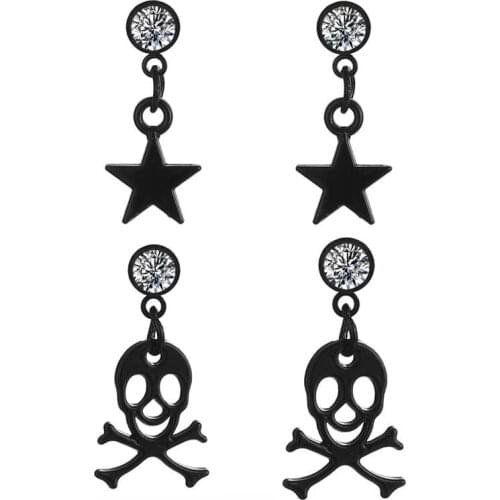 Skull Star Earrings For Men Women Stainless Steel Zircon Punk Rock Goth Edgy Skeleton Dangle Earrings Teen Boy Halloween Jewelry