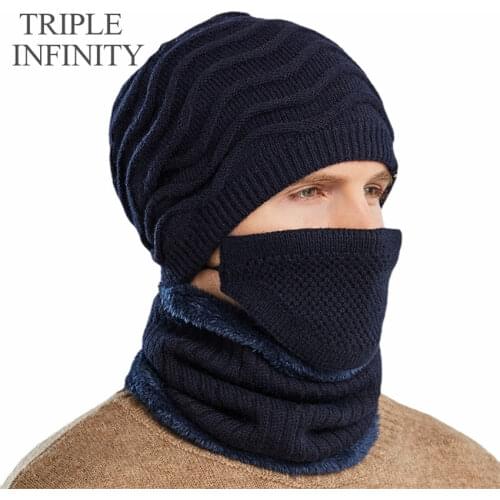TRIPLE INFINITY Fashion Winter Mens Hat Warm Male Knitted Hat Cycling Windproof Thick Black Bonnet Mask Scarf Three-piece Suit
