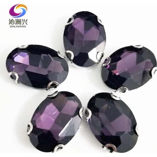 Deep purple oval shape Glass Crystal sew on D shape Anti hook claw rhinestones with holes,Diy/Clothing accessories SWTD16