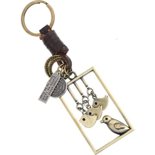 Vintage Happy Birds Keychain Alloy Pendants Braid Leather Holder Ring Causal Bag Accessories Car Key Chain Fashion Women Jewelry