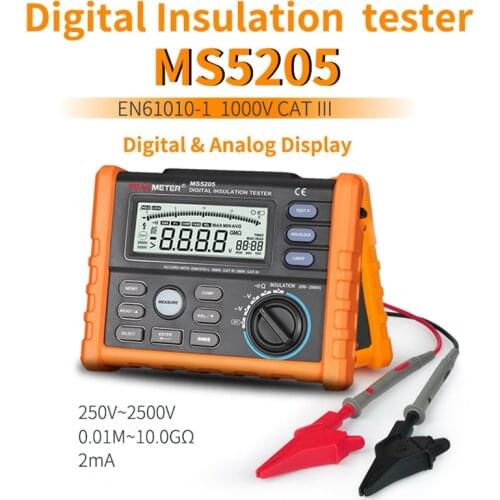 PEAKMETER MS5205 High-Precision Digital Insulation Resistance Tester 250-2500V Megohmmeter Shake Meter 0.01-100GΩ