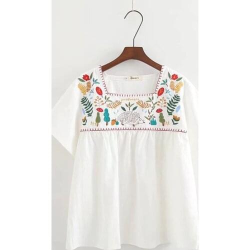 Women New Summer Vintage Shirts Fashion Fresh Style Square Collar Short Sleeve Hedgehog Forest Embroidery Sweet Blouses for Girl