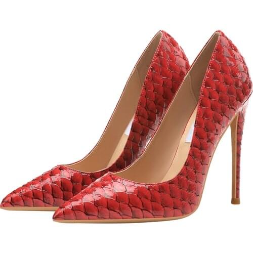 2021 New Fashion Woman Snakeskin Leather Pumps Big Size 33-45 Thin High Heels Red Sliver Pointed Toe Sexy Wedding Shoes