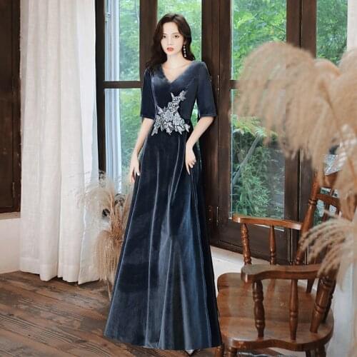 Prom Dresses Long 2020 Elegant Long V-neck Velvet dress A-line Hot Selling Vestidos De Graduacion