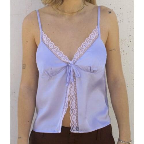 Women Summer Cami Vest Sling Straps Backless Sexy Front Split Shirt Tops V Neck Lace Trim Slim Casual Beach Club Crop Top 2021