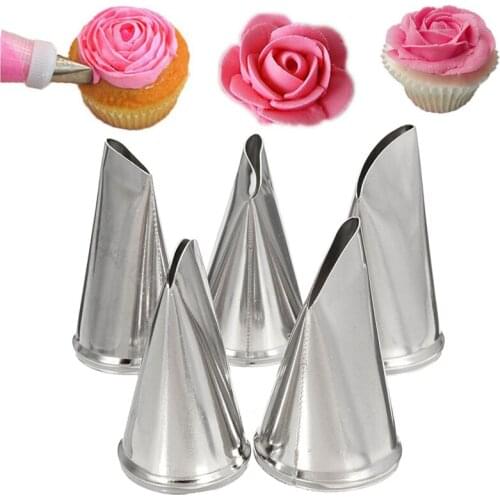5pcs/Set Petal Icing Nozzles Dessert Maker Stainless Steel Flower Piping Sugarcraft Cupcake Tool Tip Pastry Baking Fondant Decor