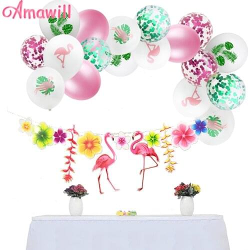 Amawill Pink Flamingo Palm Leaf Confetti Balloons Flamingo Flower Paper Garland Forest Jungle Party Supplies Hawaiian Decor 7D