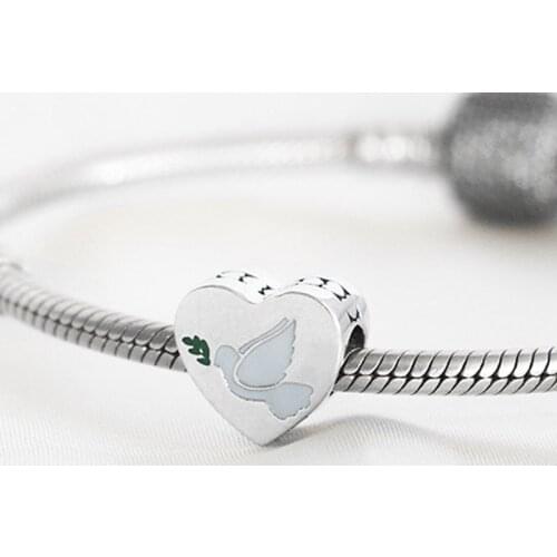 Authentic S925 Silver Bead Dove Hope Peace Heart Charm fit Pandora Bracelet Bangle Girl Birthday Gift DIY Jewelry