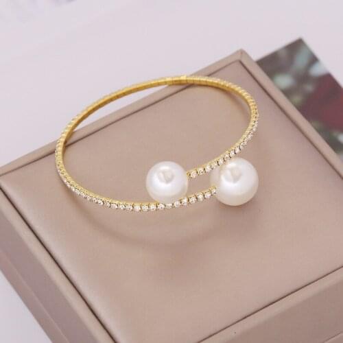 Single Rows Pearl Bracelet Full Rhinestone Inlaid Open Cuff Adjustable Stretch Bracelet for Best Friends Sisters A66