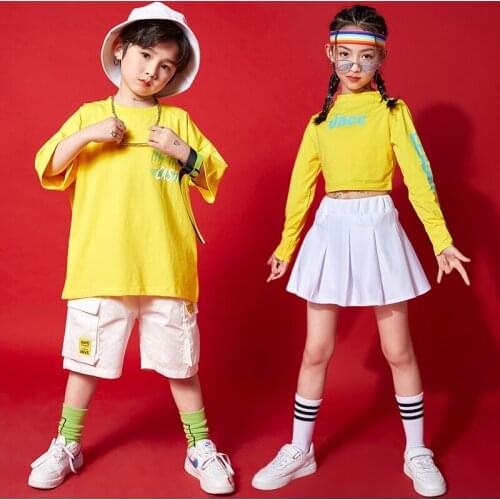 Kids Concert Hip Hop Clothing Yellow Crop Tops T Shirt Streetwear White Shorts Skirt Mini for Girls Boys Dance Costume Clothes
