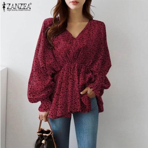 ZANZEA 2021 Elegant Puff Sleeve Tops Womens Polka Dot Blouses Casual V Neck Blusa Female Spring Printed Tunic Plus Size Chemise