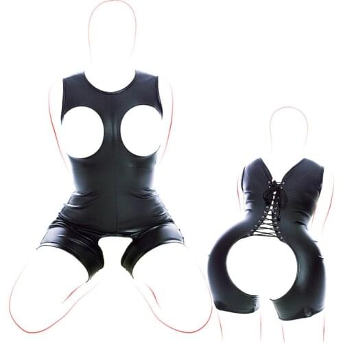 Erotic Leather Open Breast Bodysuit Wetlook CLUB Costume Crotchless Catsuit Female Sexy Lingerie BDSM Slave Flirting Sex Toy