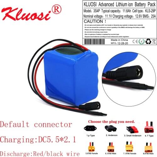KLUOSI 12V 11.6Ah 12Ah 3S4P High Capacity 12.6V Li-ion Battery Pack with 25A BMS for LED Lamp Light Backup Power Electrical Tool