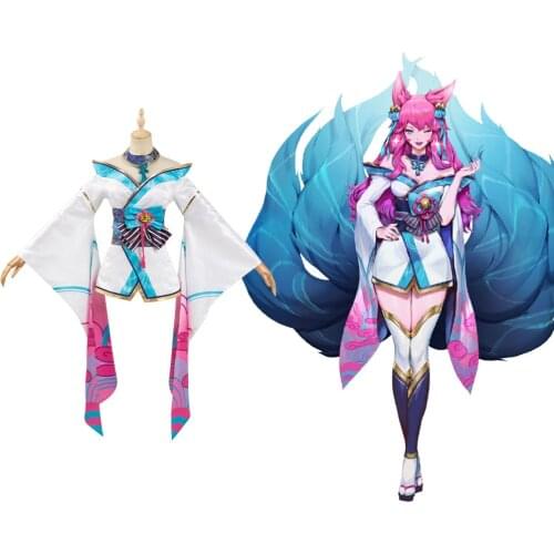 LOL Fox Ahri Cosplay Costumes The Nine-Tailed Fox Cosplay Costumes Women Kimono Dress Outfits Halloween Carnival Suits