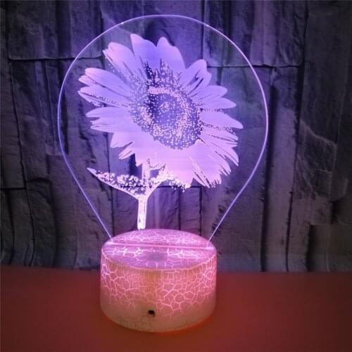 Beautiful 3D Sunflower Night Light 7 Color Flashing Acrylic Floral Nightlight USB Crack Base Home Decration LED Lamp