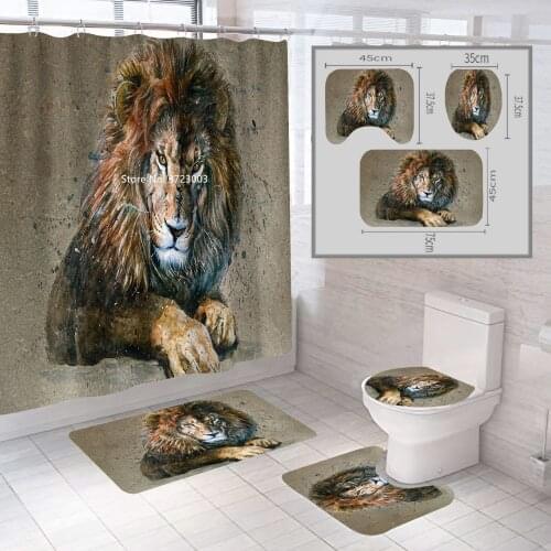 Creative Animal Lion Shower Curtain 4-piece Set of 3D Digital Printing Home Waterproof Shower Curtain Bathroom Non-slip Mat