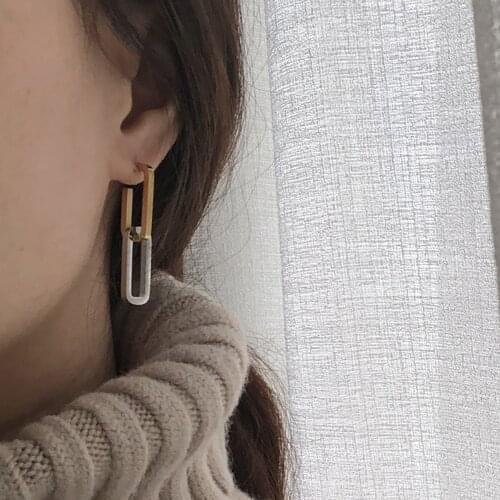 2021 Tarnish Free New Stylish Asymmetric Gold and Silver Hollow Square Chain Stainless Steel Drop earrings For Women