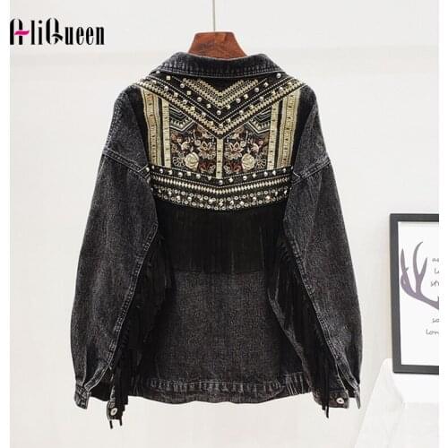 Autumn Streetwear Denim Jacket Women Hand-studded Rivet Tassel Embroidery Jeans Jacket Loose Coats Chaquetas Mujer Outerwear