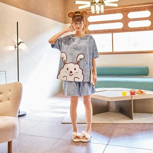Summer Korean Blue Pajama Set for Women 100% Cotton Satin Soft Lounge Nightwear Atoff Home Fashion Silk Cute Sleepwear