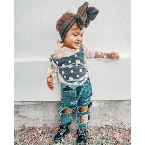 Toddler Baby Girls Casual 3pcs Clothes Set Black Suspender Tops + See-through Pullover + Jeans Todderl Children Fashion Clothes