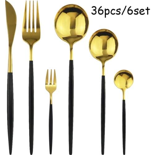 36Pcs Flatware Sets Black Gold Stainless Steel Cutlery Set Dessert Salad Fork Tableware Knife Fork Spoon Dinnerware Sets Kitchen