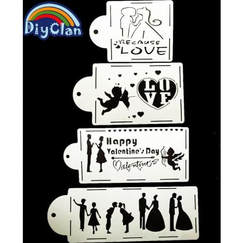4pcs/set Cupid Marriage March wedding Decorating Cake Stencil Kitchen Cupcake Decoration Stencil For Diy Scrapbooking P0120