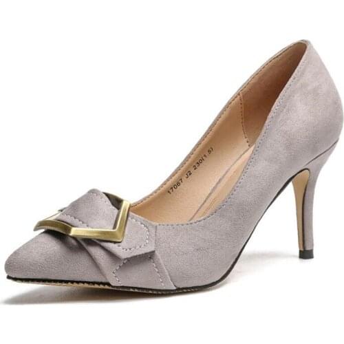 Women Shoes Basic Pointed Toe Pumps Casual metal button Flock Slip-On Shallow Wedding Party 8CM Thin High Heels Shoes