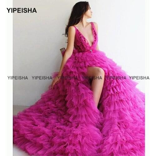Yipeisha Tired Skirt Prom Dresses Sexy V-neck Side Slit Party Gowns Fuchsia Formal Masquerade Dress Vestido de Festa