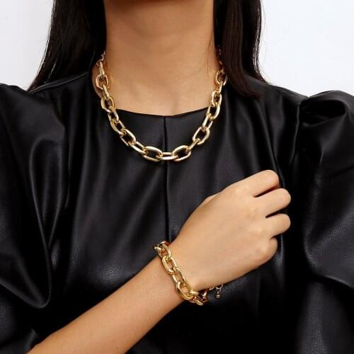 Youvanic Fahsion Punk Rock Curb Cuban Link Chain Necklace Bracelet Jewelry Set For Women Gold Chunky Hip Hop Jewelry Gifts 0261