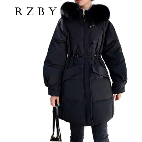 White Duck Down куртка женская With Natural Real Fox Fur Collar Women Winter Warm Parka Female Draw String Duffle Coat RZBY591