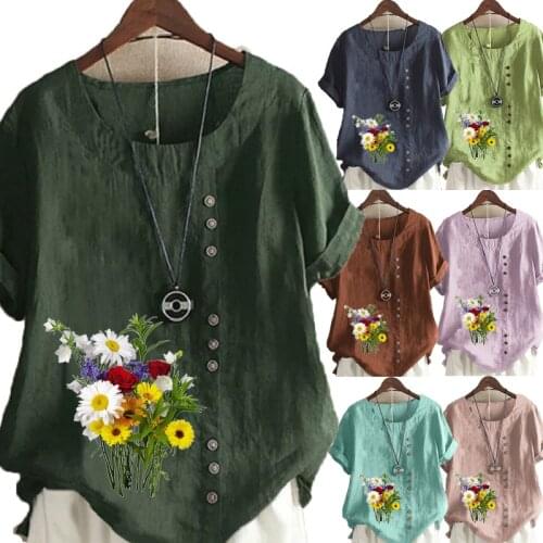 Womens Summer Round Neck Short Sleeve T-shirt Casual Cotton Linen Graphic Shirt Leisure Fashion Loose Printed Blouse Tops