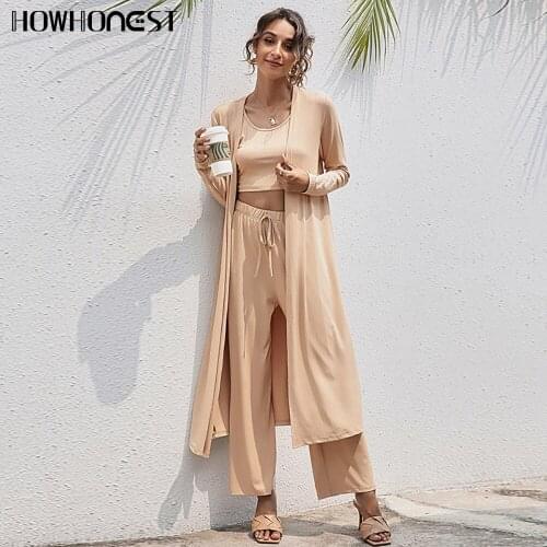 Za Womens Pajamas Solid Knitting Casual Fashion Vest Coat Wide-leg Pants Sleepwear 3 Pieces Set Sexy Ladies Loose Homewear Suit