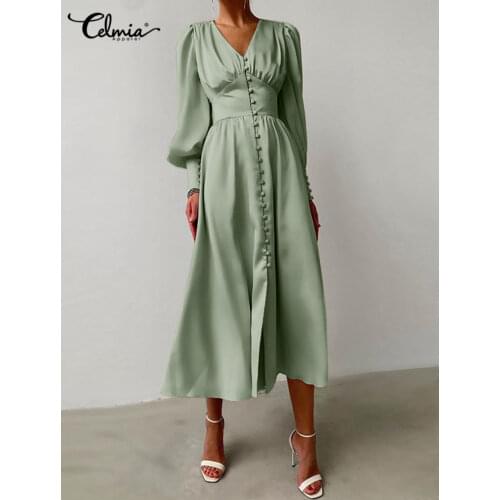 Celmia Women Satin Midi Dress Elegant Party High Waist Sundress Single Breasted V Neck Dress Summer Fashion Lantern Sleeve Robe