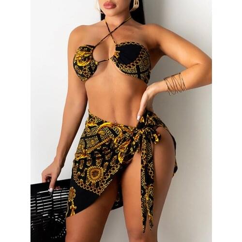 Luxury Push Up Bikini Brazilian Swimwear Skirt Swimsuit Women 3 Piece Bathing Suit Halter Bandeau Bikini Set High Cut Swim Wear