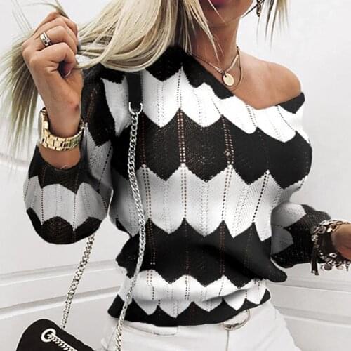 Women Sweaters Thin Autumn V-neck Hollow Pullover Wave Striped Print Long Sleeve Sweater Knitted See Through Loose Pull Femme