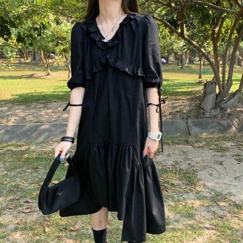2020 Korean Women Summer Black Cotton Ruffle V Neck Loose Cake Dress Irregular Length Pullover Pleat Dresses