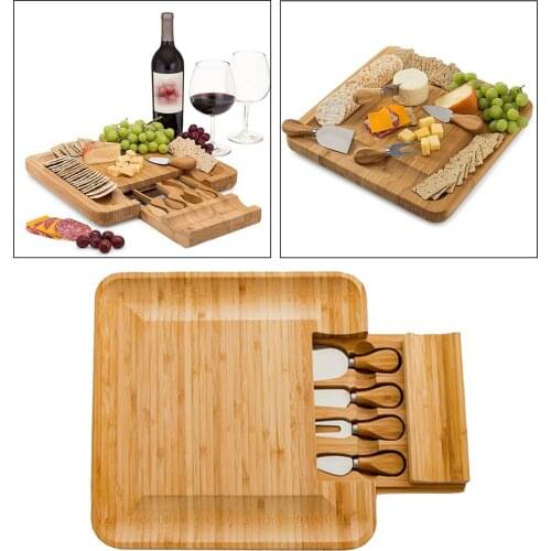 Handmade 13 Inches Square Bamboo Cheese Board with Knife Set for Cutlery